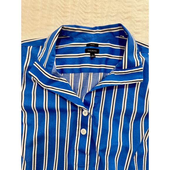 Talbots Easy Care Shirt Women's Large Blue White Black Stripes Coastal Nautical - Picture 6 of 15